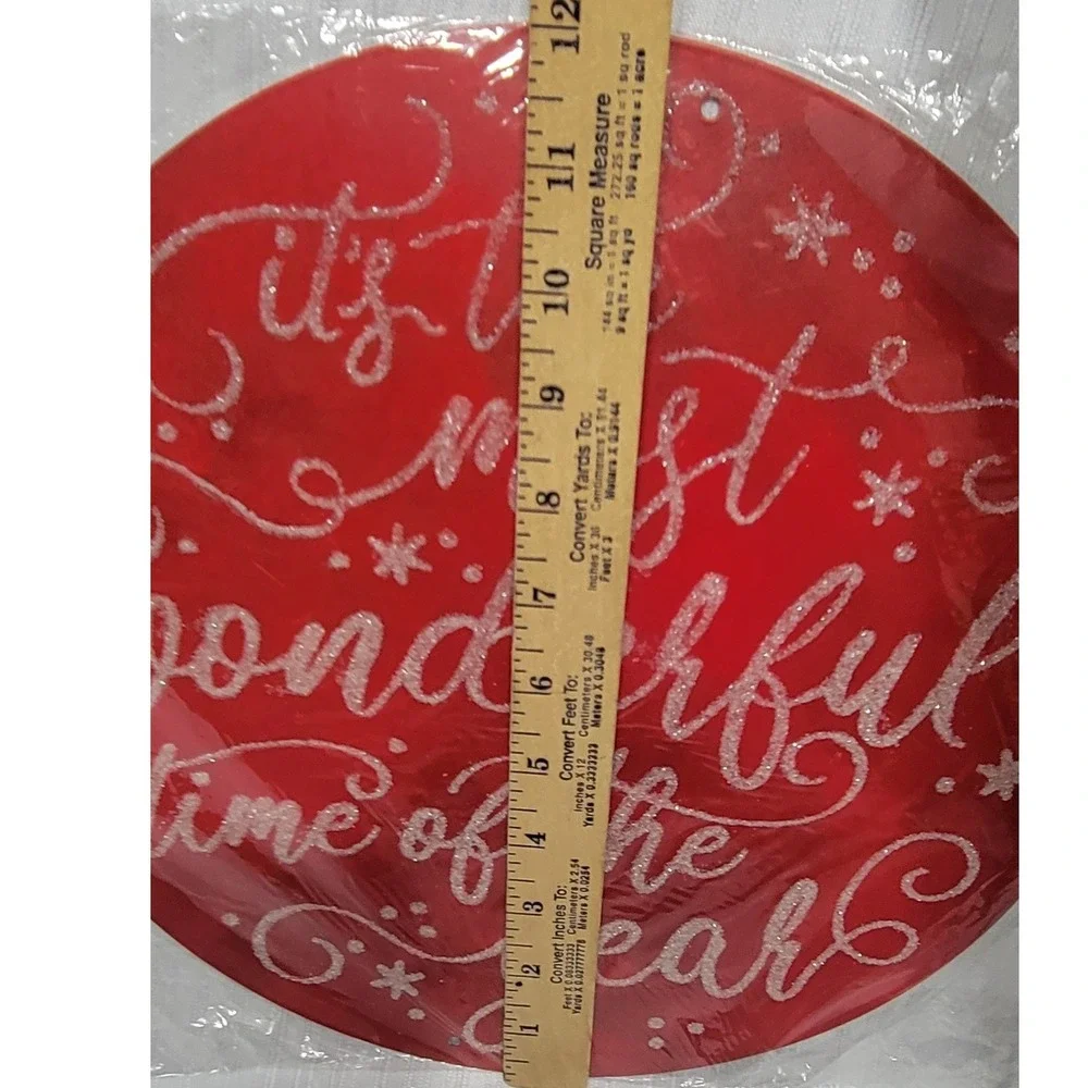 Red Glitter Christmas Wreath Attachment Sign Most Wonderful Time Year MD073824